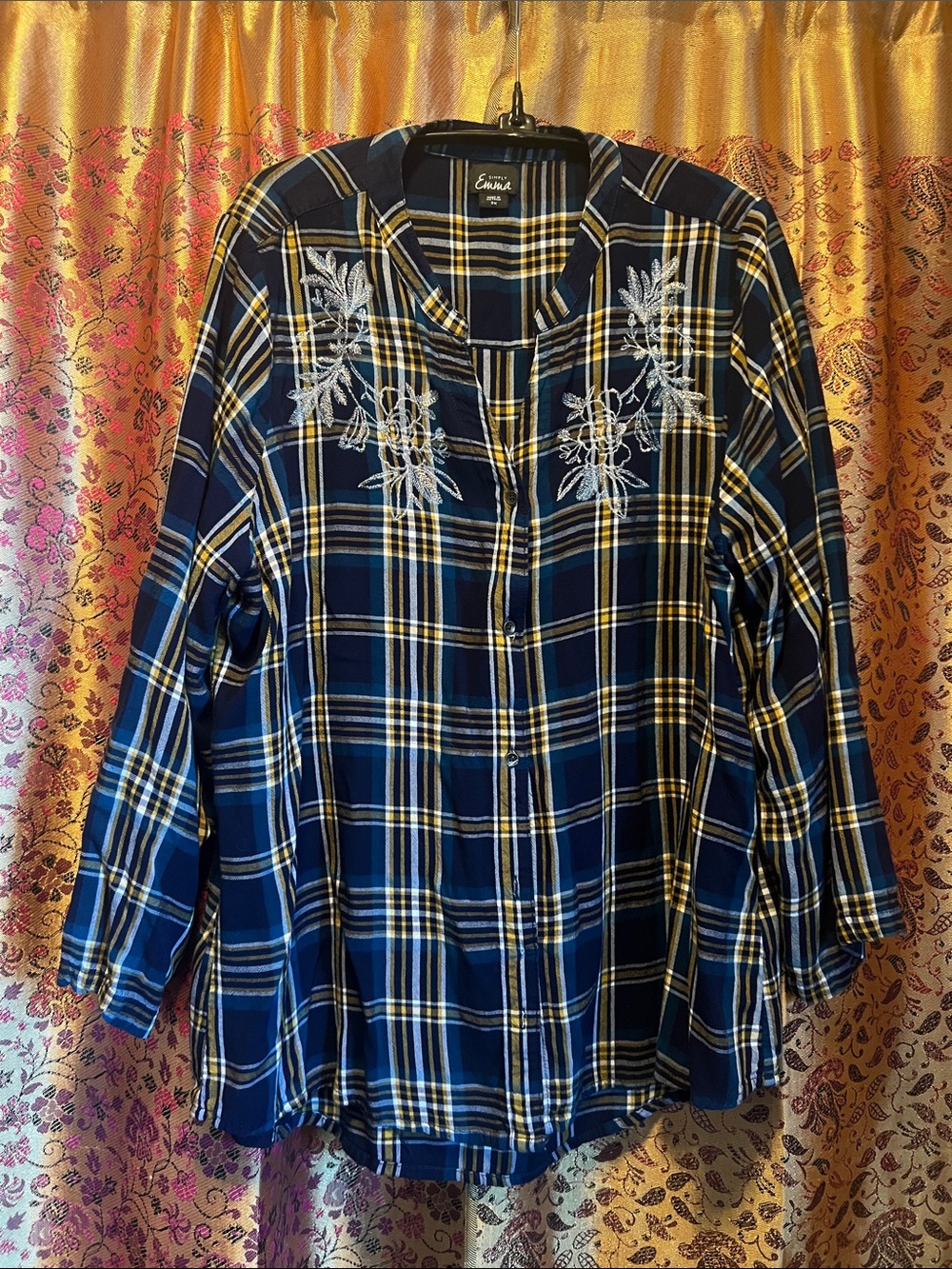 EVRI Navy and Yellow Plaid Embroidered Button-Down Shirt 2x